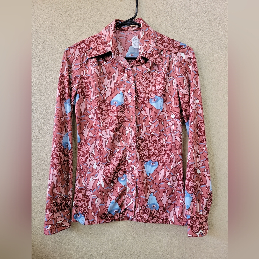 Vintage 70s Disco Hathaway Patch Face Print Button Down Top